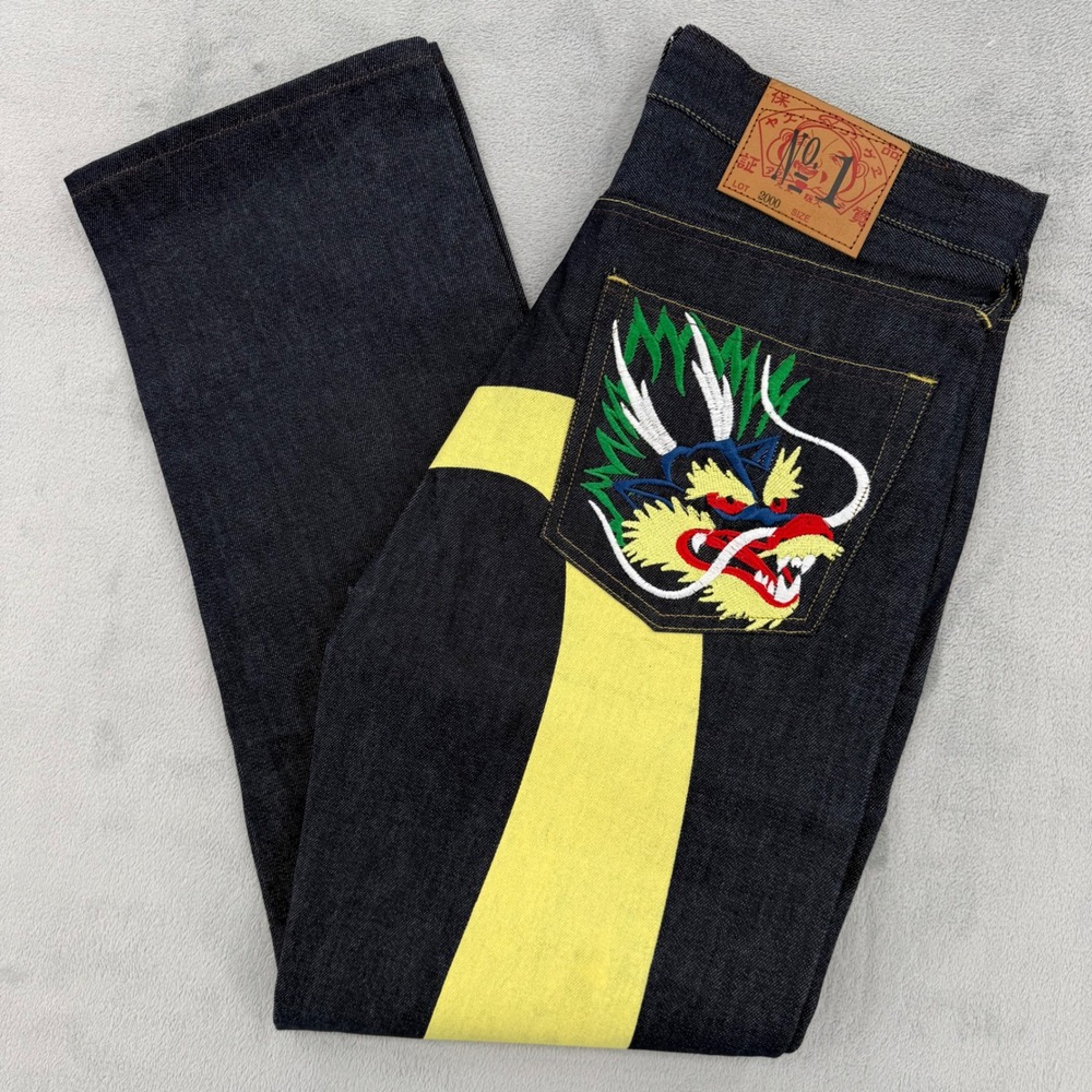 Evisu Mens Japanese Jeans Dark Indigo Raw Denim Yellow Seagull Dragon Size 32